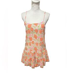 JULIET DUNN Sz 1 (4/6) Floral Print Cami Mini Dress Orange Beaded Sequin